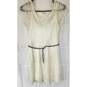 AUW Dress Sz S White Ivory Floral Braided Belt Semi Sheer Lined Flirty Lace Cute